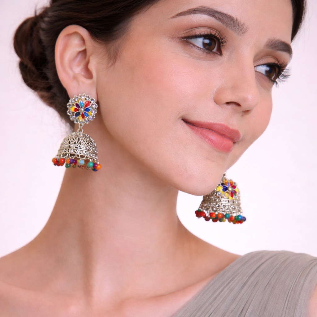 Multicolor Crystal Floral Jhumka Earrings