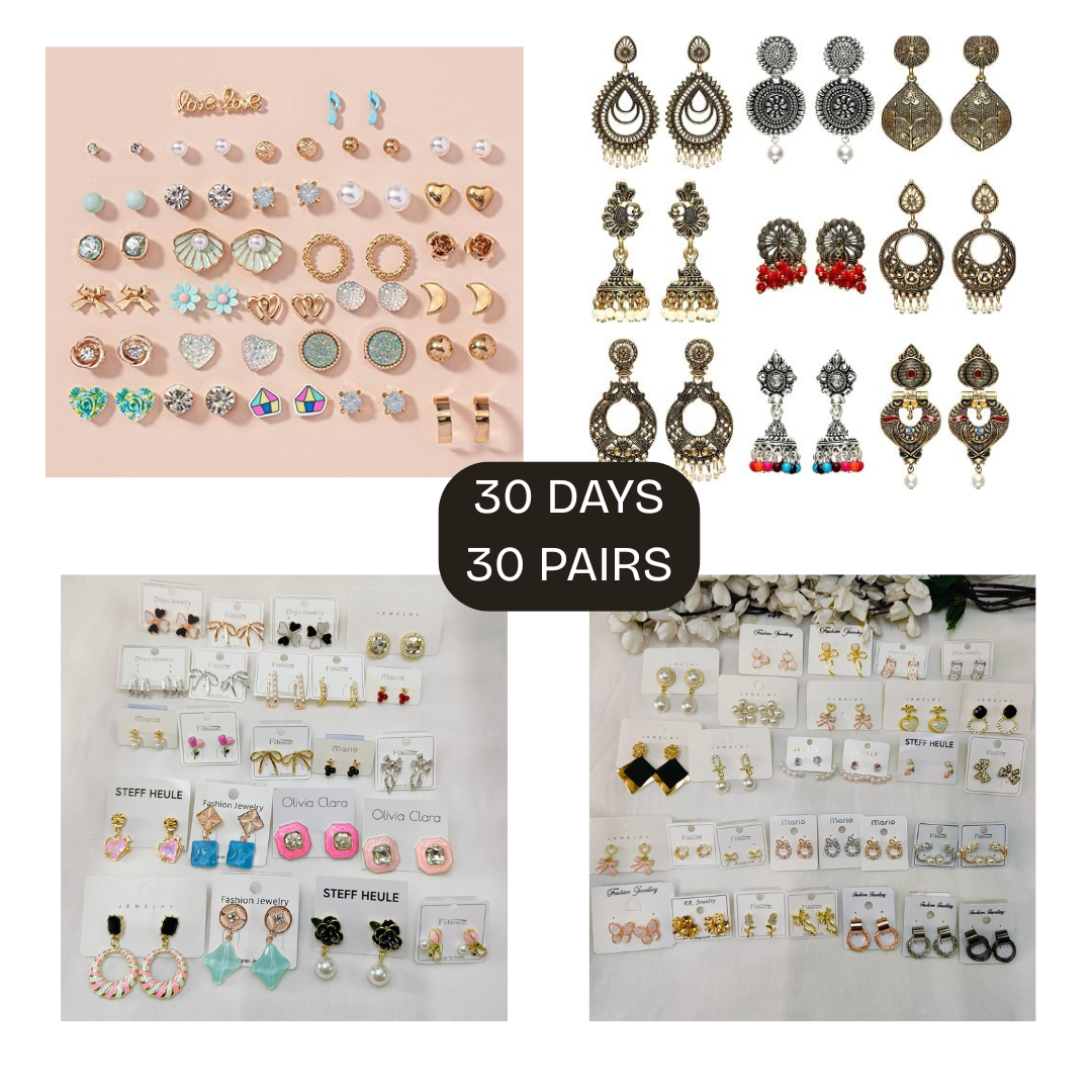 Mixed Earrings Combo – 30 Pairs | Traditional, Fashion, Korean & Daily Wear
