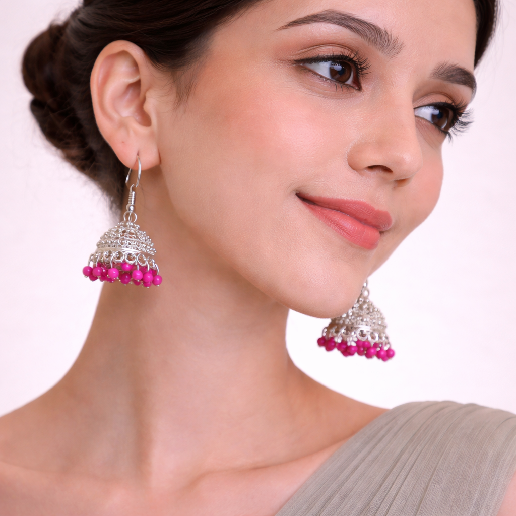 Silver Pink Beaded Jhumka Earrings