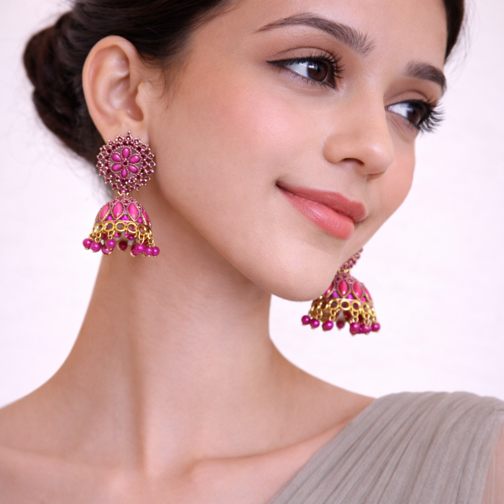 Pink Floral Gold Jhumka Earrings
