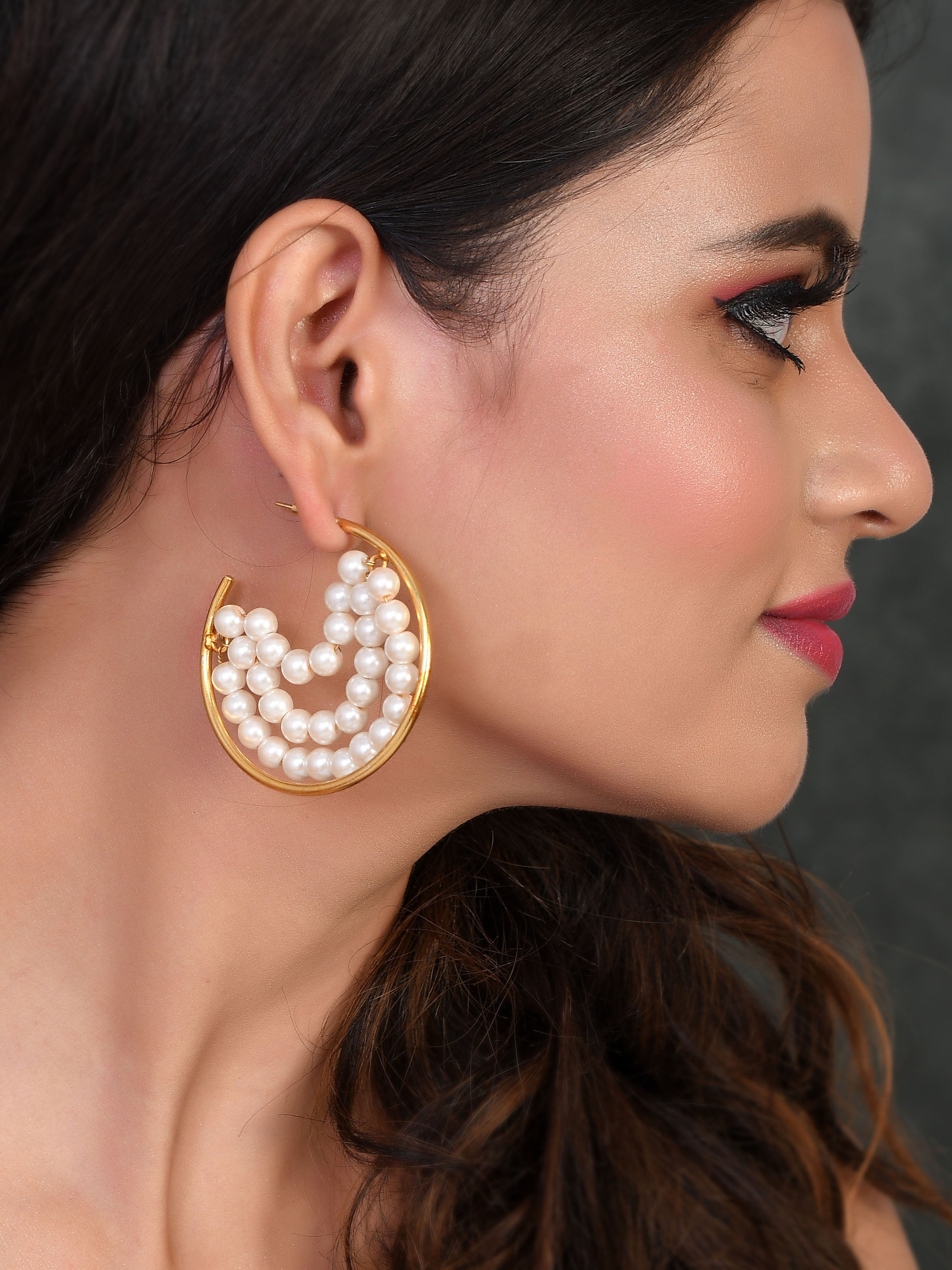 Gold Plated Pearl Beads Half Hoop Earring