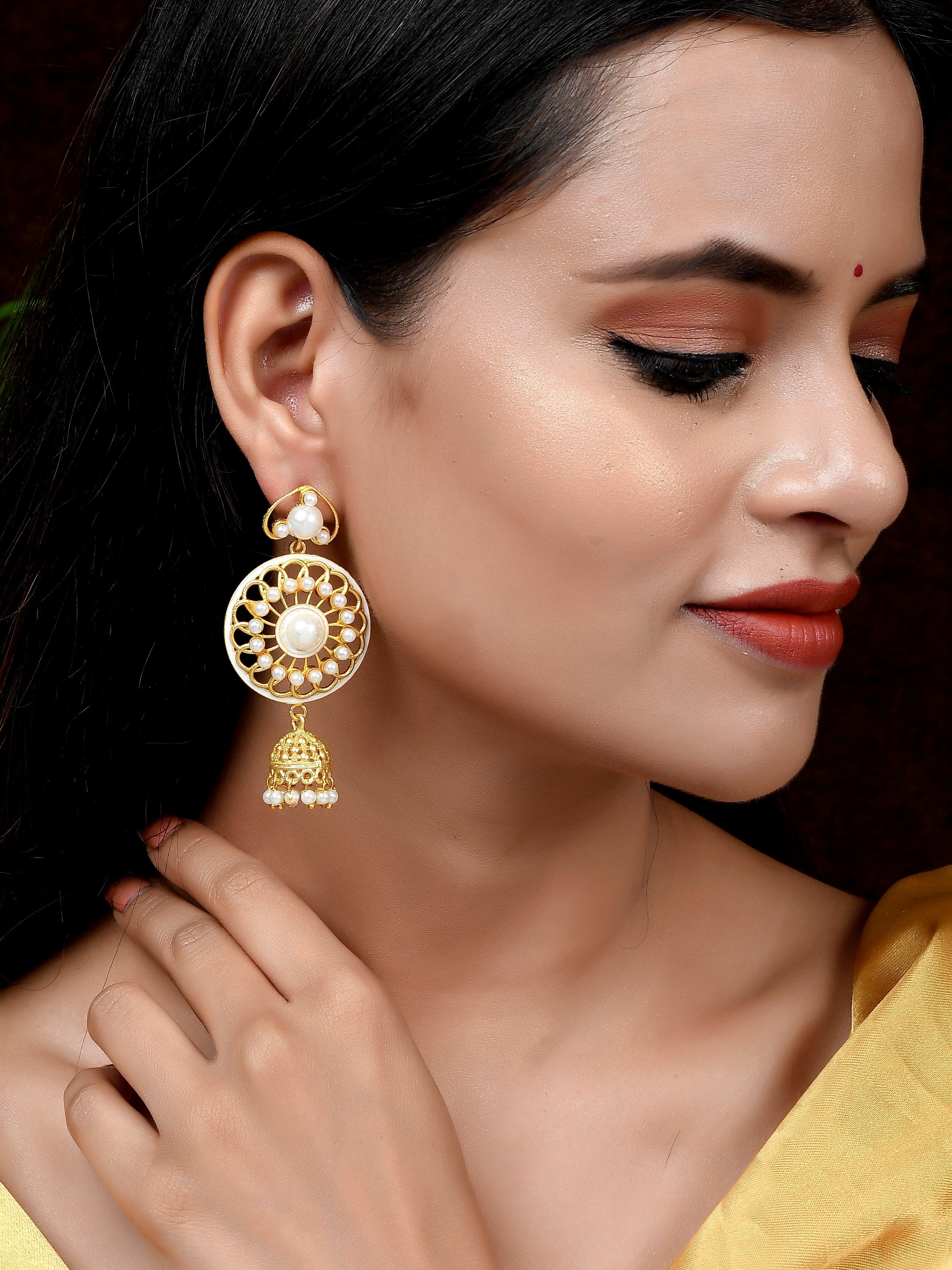 Gold Plated Pearl Studded Floral Handcrafted Traditional Drop Earrings