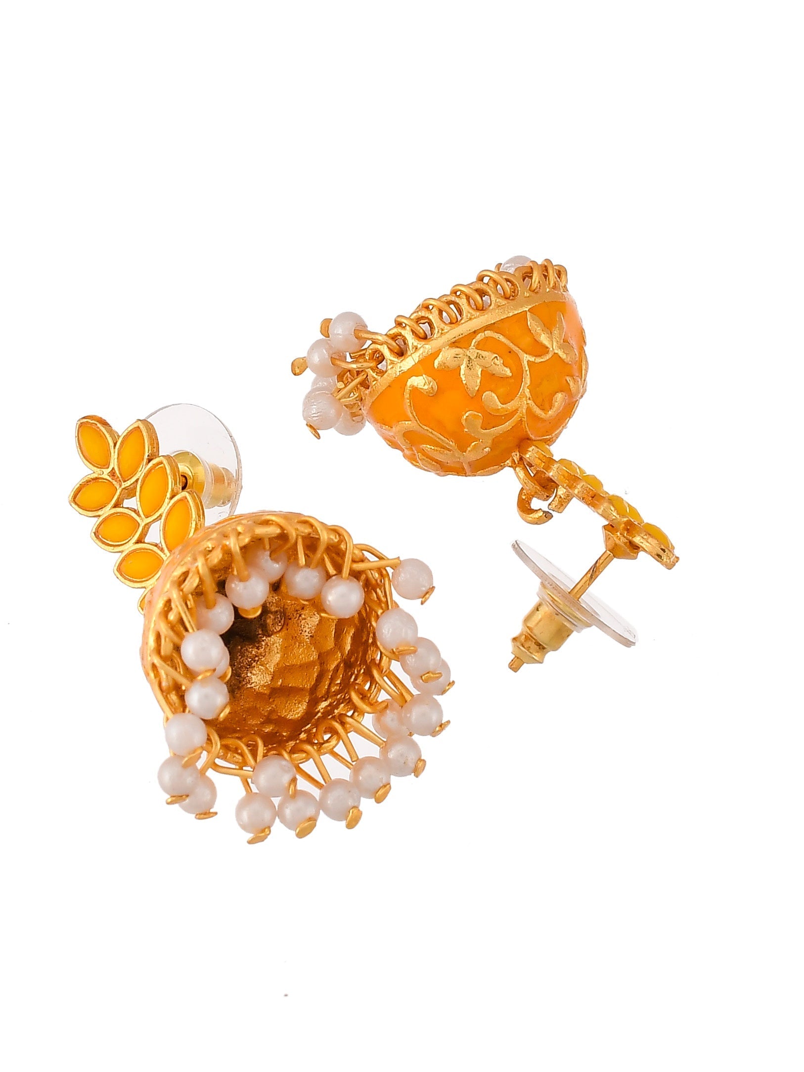 Orange Floral Meenakari Jhumkas For Women