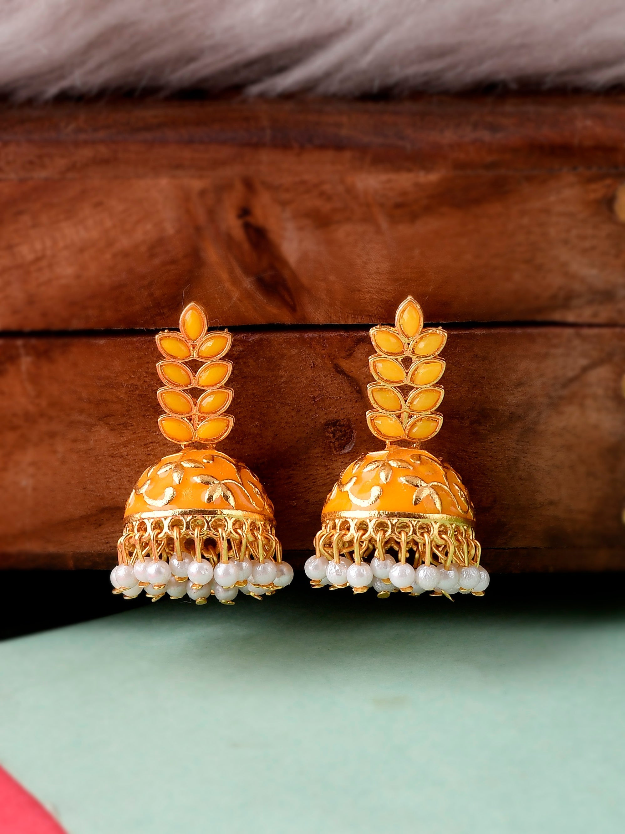 Orange Floral Meenakari Jhumkas For Women
