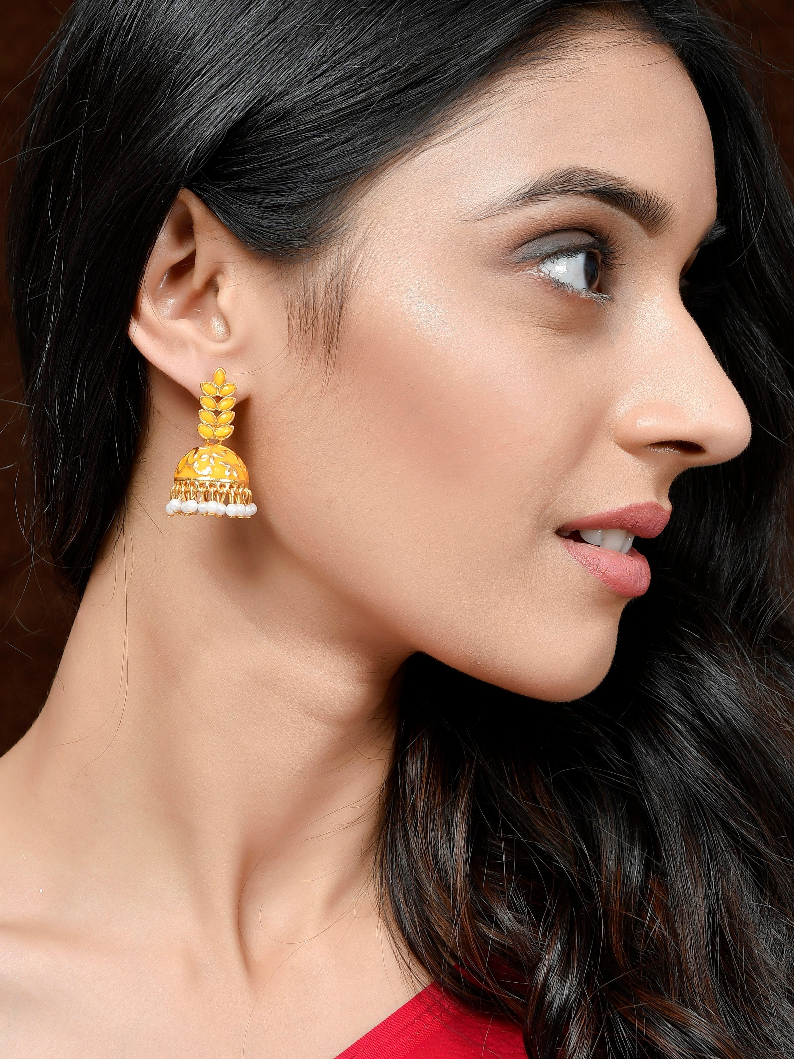 Orange Floral Meenakari Jhumkas For Women